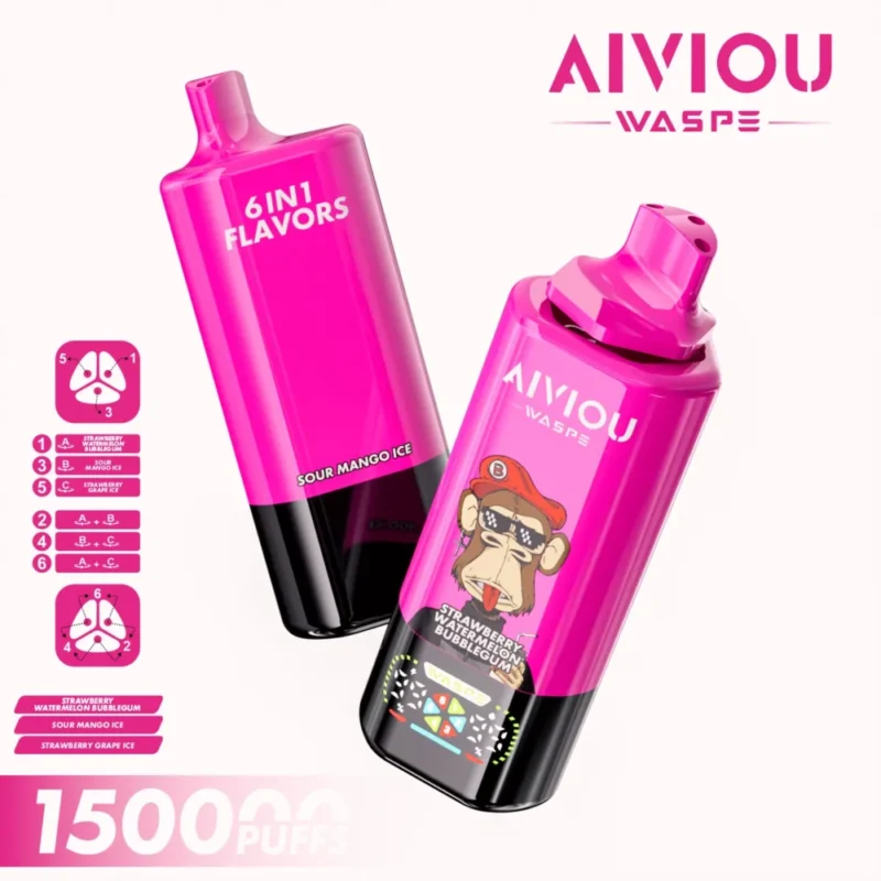 150k Vape Waspe Aiviou 150000 6 in 1 - Strawberry Watermelon Bubblegum & Sour Mango Ice & Strawberry Grape Ice