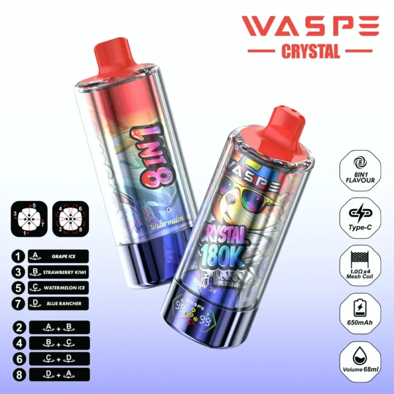 180k Vape Waspe Crystal 180K 8 in 1 Flavors E Cigarette - GRAPE ICE&STRAWBERRY KIWI & WATER MELON ICE & BLUE RANCHER (3)