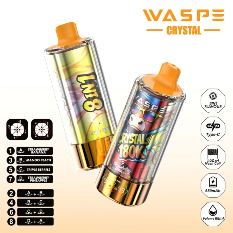 180k Vape Waspe Crystal 180K 8 in 1 Flavors E Cigarette - STRAWBERRY BANANA & MANGO PEACH & TRIPLE BERRIES & STRAWBERRY PINEAPPLE (3)