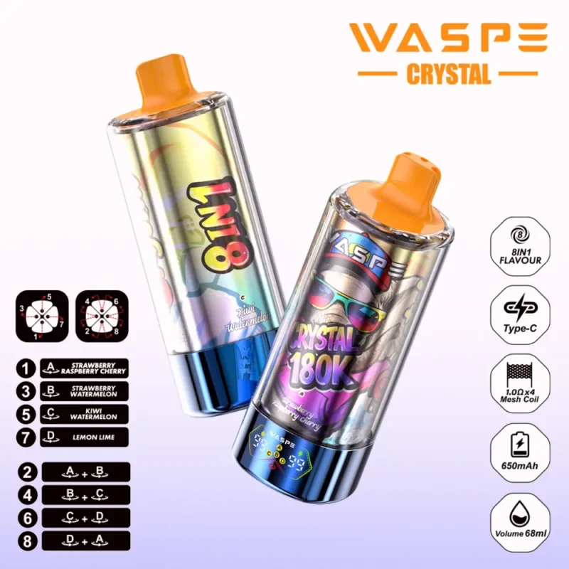 180k Vape Waspe Crystal 180K 8 in 1 Flavors E Cigarette- STRAWBERRY RASPBERRY CHERRY&STRAWBERRY WATERMELON & KIWI WATERMELON & LEMON LIME (3)