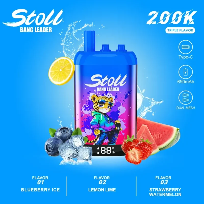 Stoll Bang Leader 200k 200000 Puffs 3 Flavor Vape Blueberry Ice Lemon Lime Strawberry Watermelon 1 Disposable Device