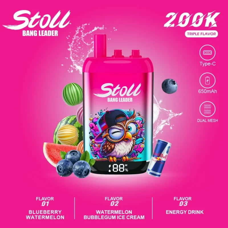 Stoll Bang Leader 200k 200000 Puffs 3 Flavor Vape Blueberry Watermelon Bubblegum Ice Cream Energy Drink 1 Disposable Dev