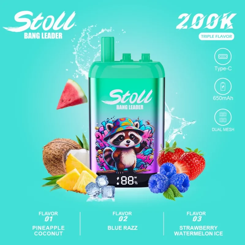 Stoll Bang Leader 200k 200000 Puffs 3 Flavor Vape Pineapple Coconut Blue Razz Strawberry Watermelon Ice 1 Disposable Dev