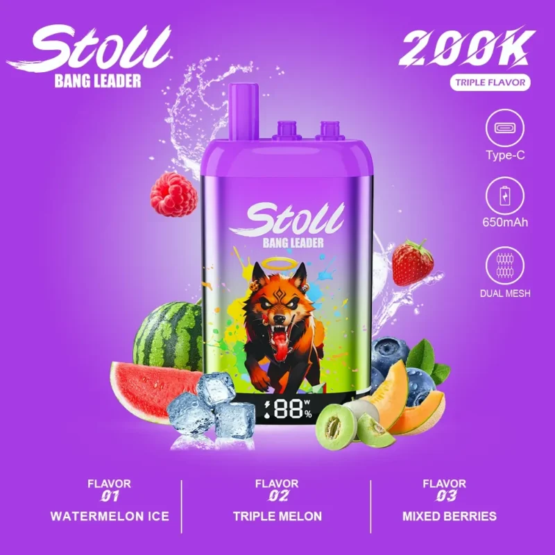 Stoll Bang Leader 200k 200000 Puffs 3 Flavor Vape Watermelon Ice Triple Melon Mixed Berries 1 Disposable Device