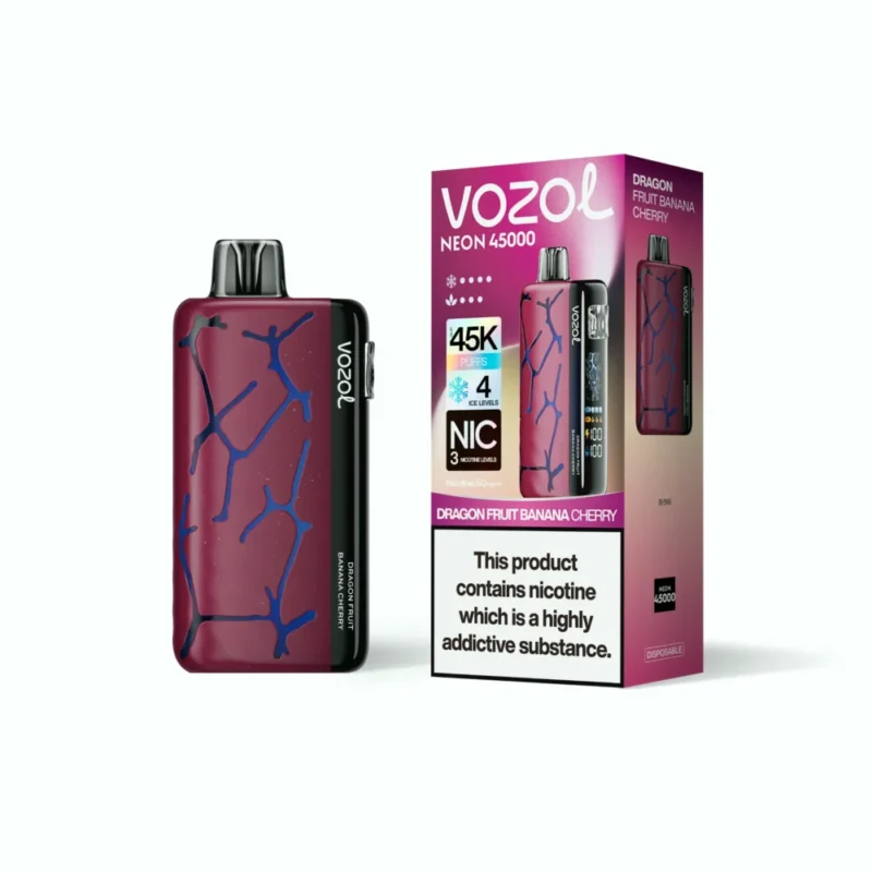Euvapen Vozol Neon 45k 45000 Puffs Dragon Fruit Banana Cherry White Background Product Image 003 Eu Warehouse Disposable