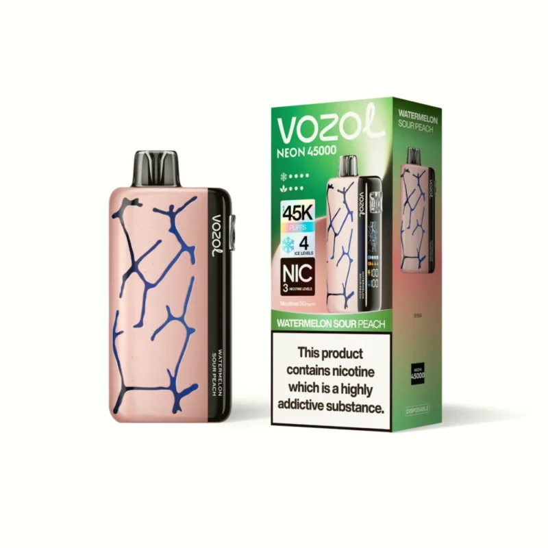 Euvapen Vozol Neon 45k 45000 Puffs Watermelon Sour Peach White Background Product Image 028 Eu Warehouse Disposable Vape